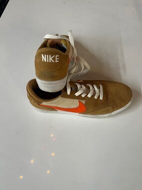 Nike Men’s Tan Suede Sneakers with Orange Swoosh and White Accents